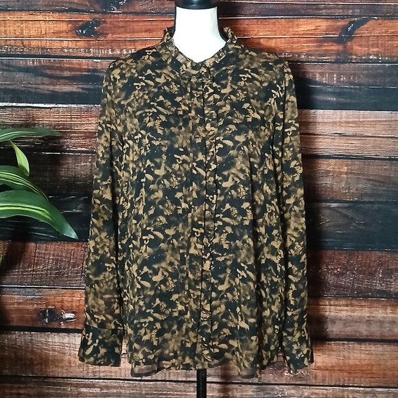 Calvin Klein Blouse Top XL Ruffle Front Sheer Sleeves Brown Black Button Up NEW - Picture 4 of 9